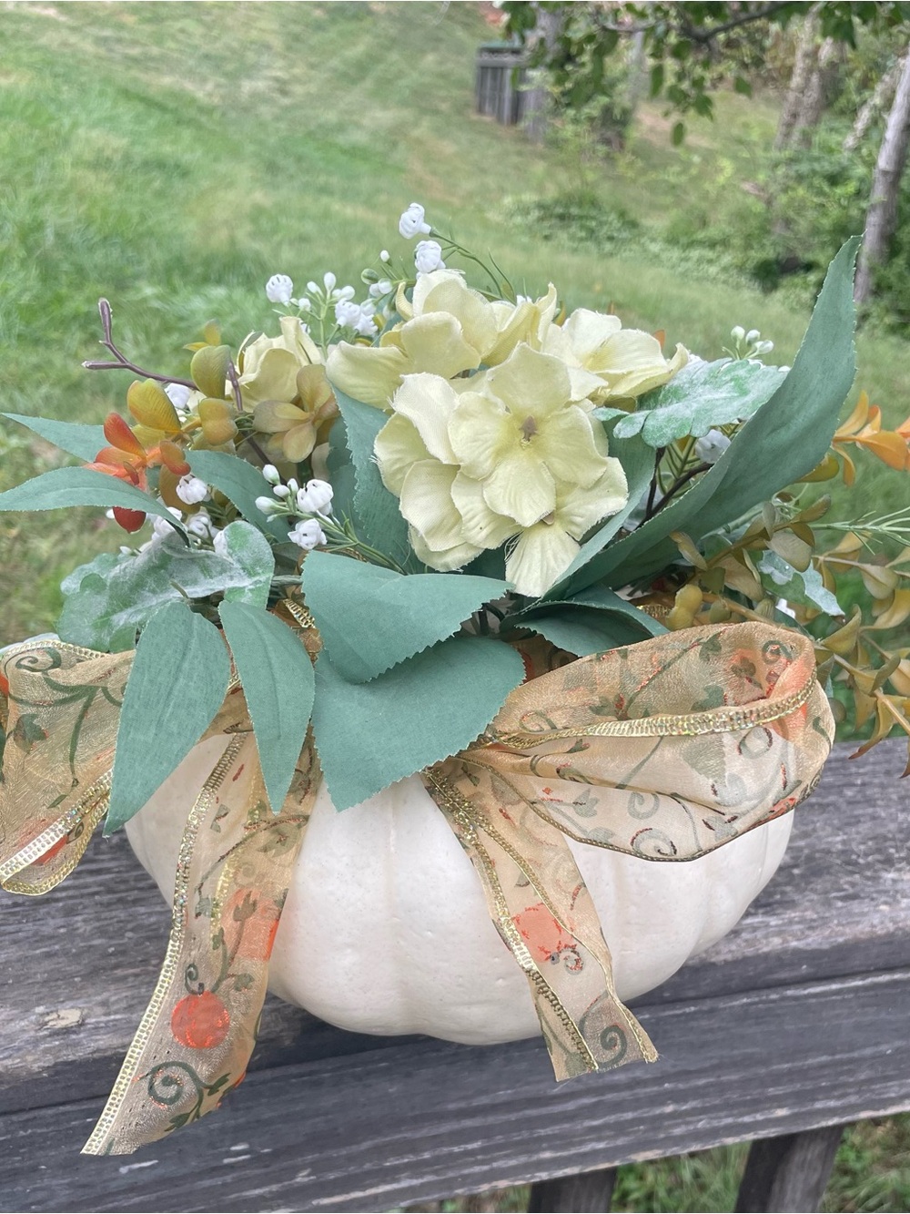 White Pumpkin Floral Centerpiece with Cream Hydrangeas